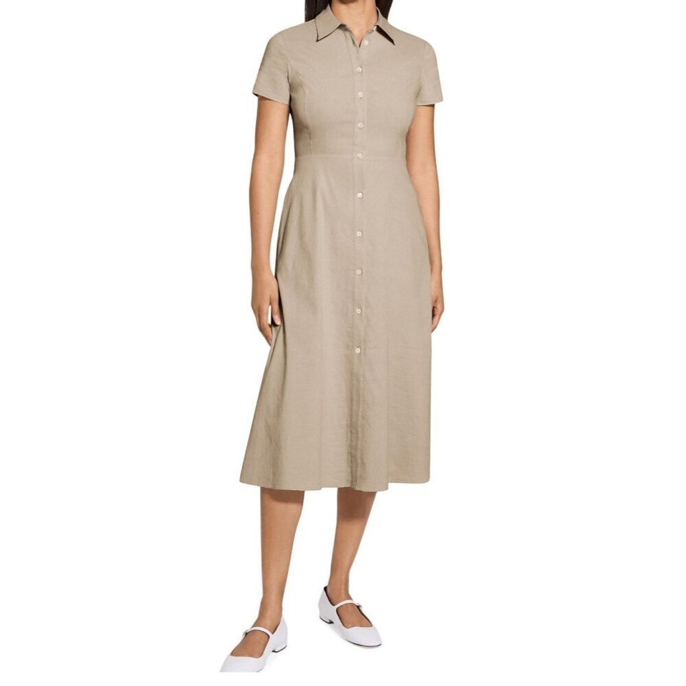 Habitual Womens Shirt Dress Sz‎ M Beige Tan Short Sleeve Midi Preppy Coastal